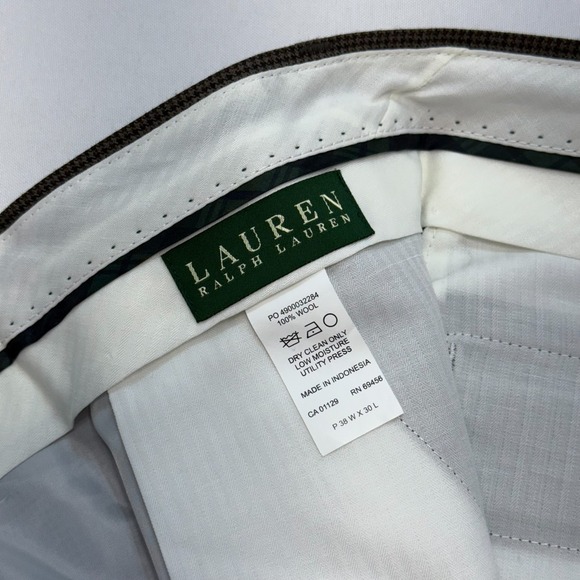 Lauren Ralph Lauren Mens 37x30 Wool Dress Pants Brown Pleated Cuffed Houndstooth - Picture 9 of 11